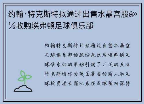 约翰·特克斯特拟通过出售水晶宫股份收购埃弗顿足球俱乐部